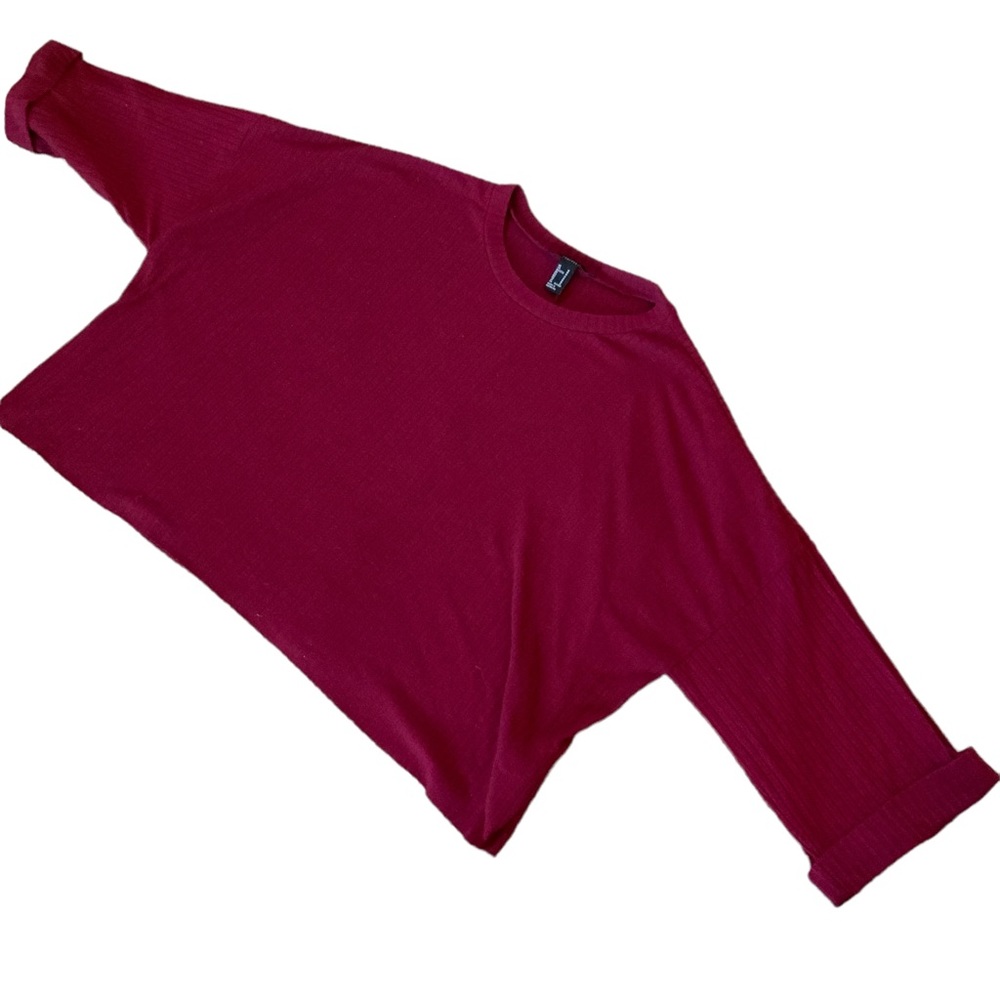Forever 21 Crop Top Maroon Boxy Three Quarter Sleeves Round Neck Size Medium